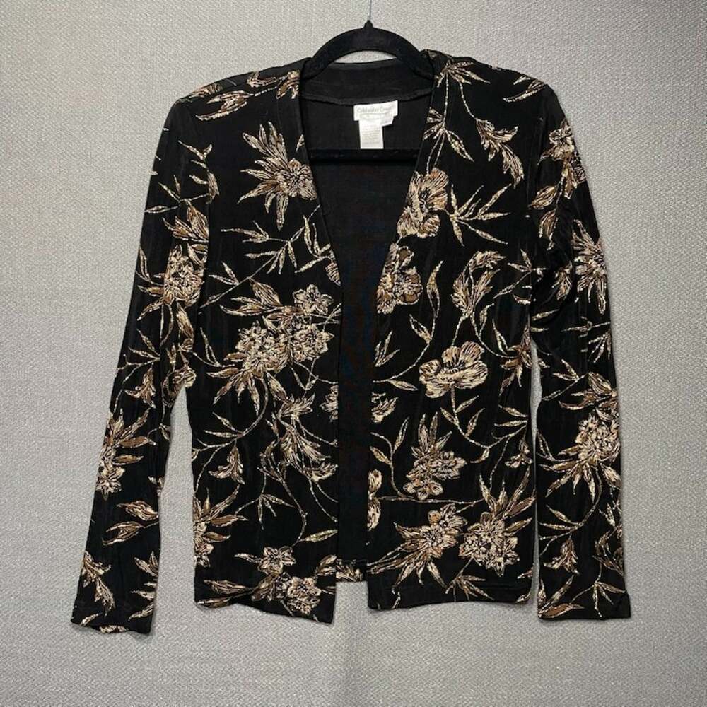 Vintage Coldwater Creek Floral Cardigan Jacket S Womens Metallic Gold Black Open